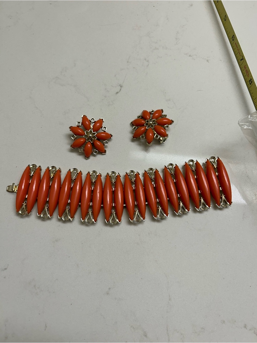 Coral Orange Floral Clip-On Earrings and Bracelet Set